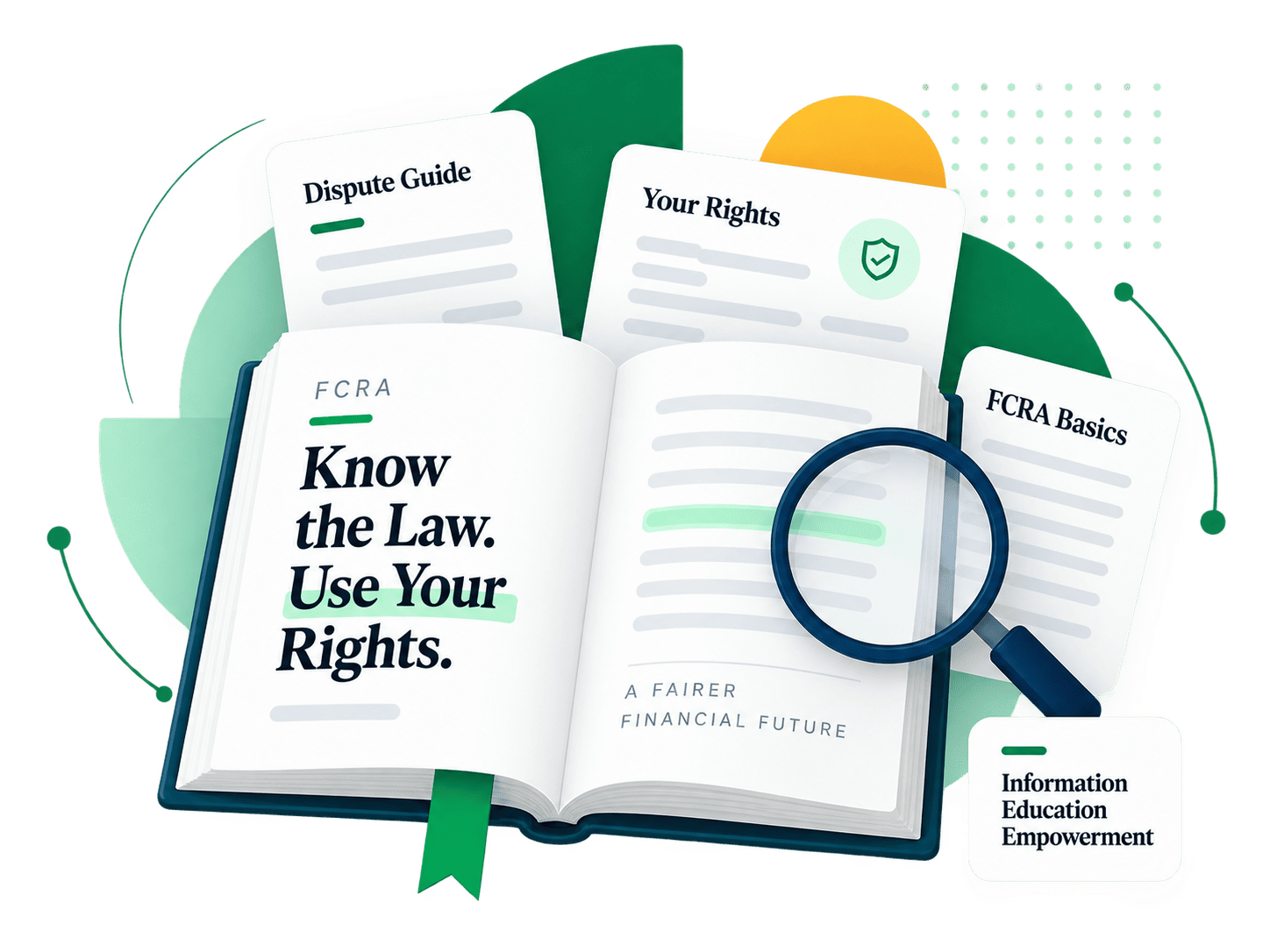 Illustration of FCRA guides, an open book, and article cards