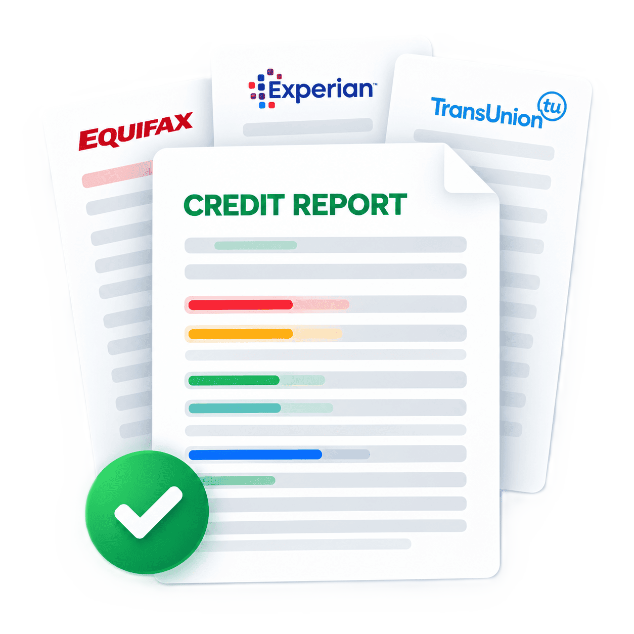 Illustrated Equifax, Experian, and TransUnion credit reports with identified findings