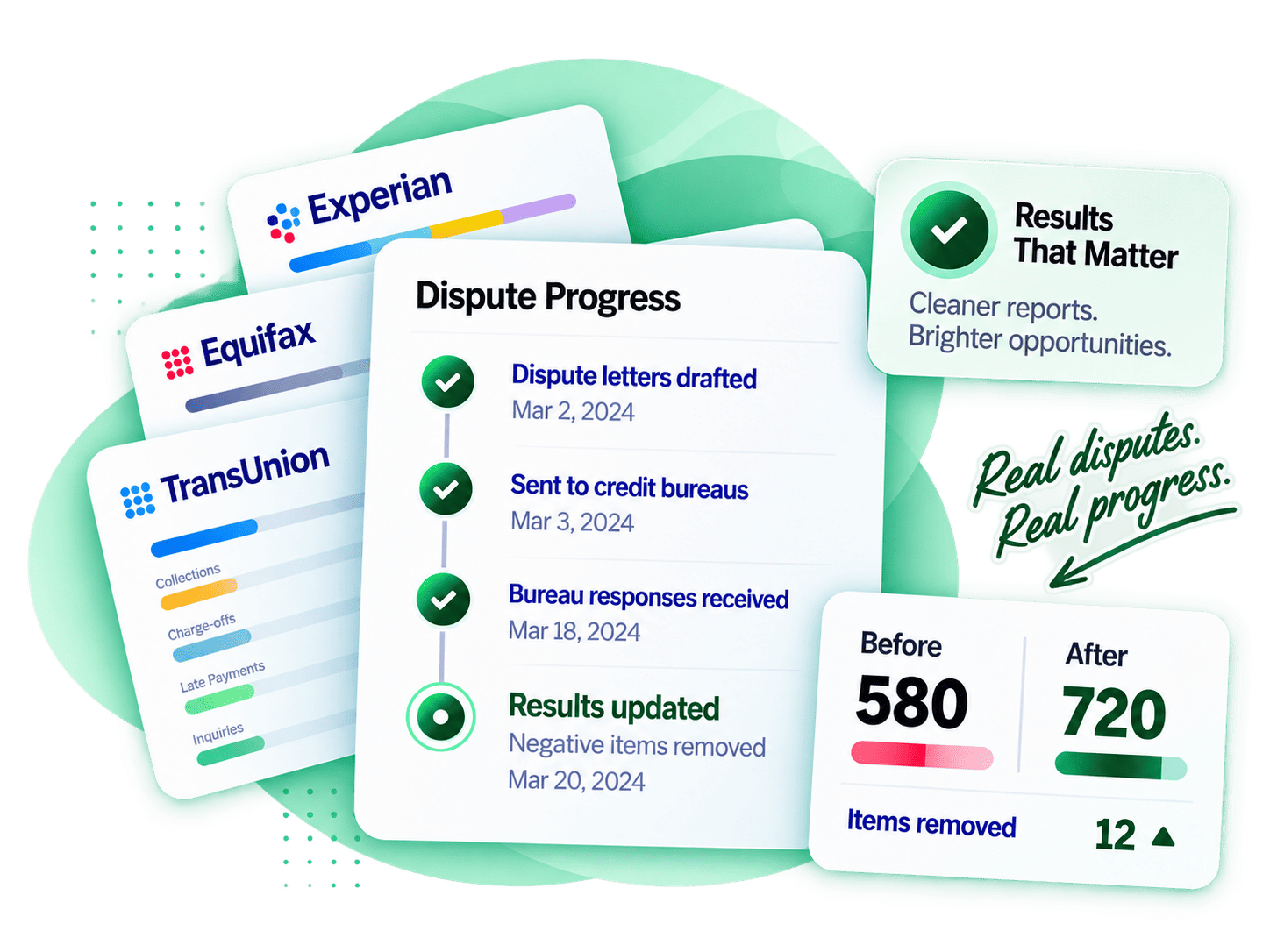 Dispute progress across Experian, Equifax and TransUnion, with score improving from 580 to 720 after 12 items removed